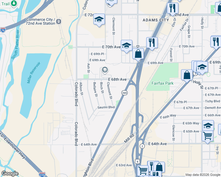 map of restaurants, bars, coffee shops, grocery stores, and more near 6750 Clermont Street in Commerce City