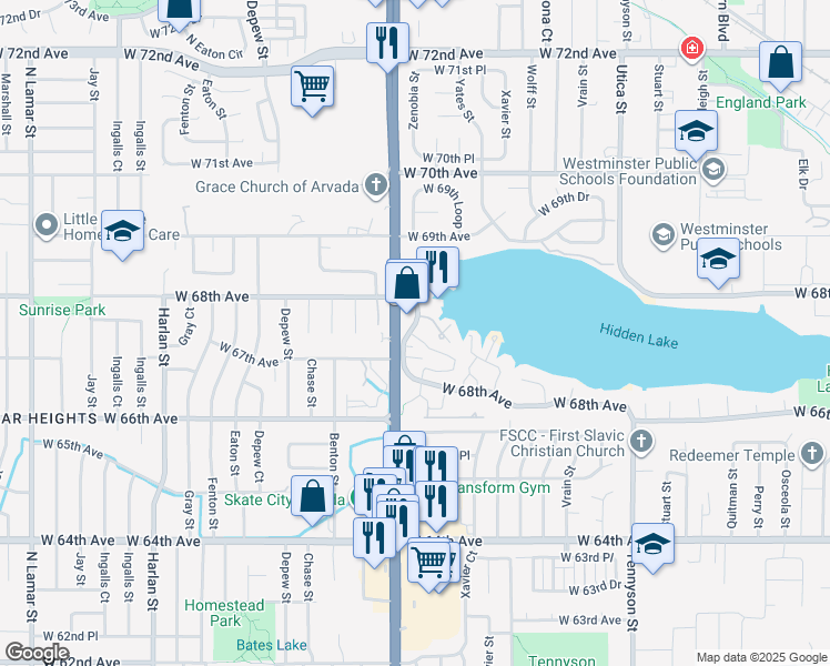 map of restaurants, bars, coffee shops, grocery stores, and more near 2 Zenobia Street in Westminster
