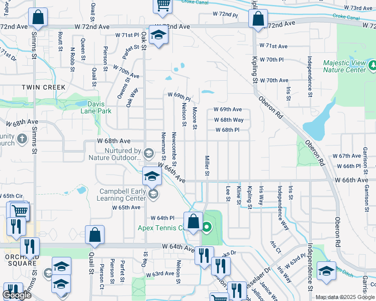 map of restaurants, bars, coffee shops, grocery stores, and more near 6764 Nelson Street in Arvada