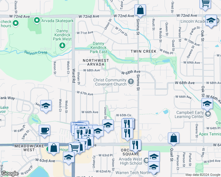 map of restaurants, bars, coffee shops, grocery stores, and more near 6738 Taft Court in Arvada