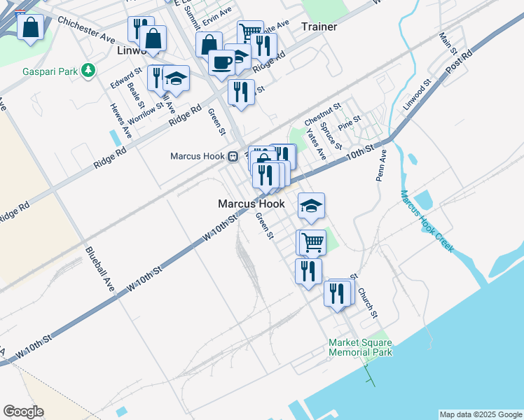 map of restaurants, bars, coffee shops, grocery stores, and more near in Marcus Hook