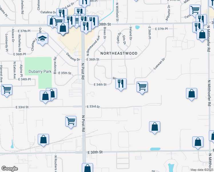map of restaurants, bars, coffee shops, grocery stores, and more near 9125 East 34th Street in Indianapolis