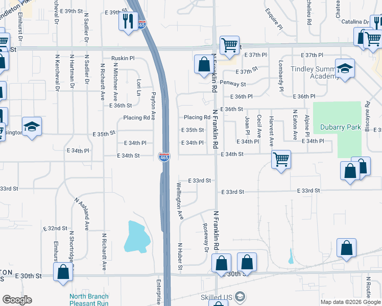 map of restaurants, bars, coffee shops, grocery stores, and more near 7902 East 34th Street in Indianapolis