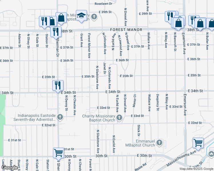 map of restaurants, bars, coffee shops, grocery stores, and more near 3418 North Colorado Avenue in Indianapolis