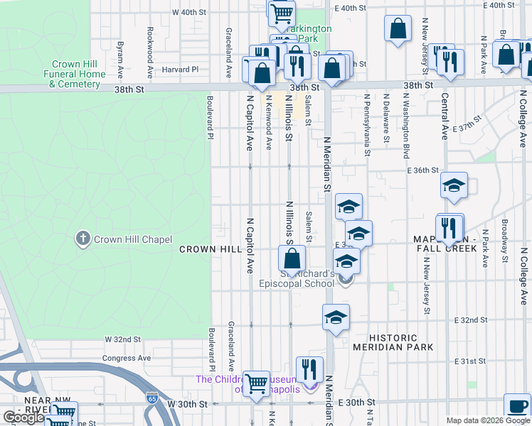 map of restaurants, bars, coffee shops, grocery stores, and more near 3463 North Kenwood Avenue in Indianapolis