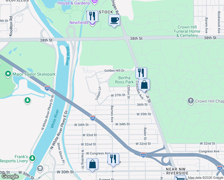 map of restaurants, bars, coffee shops, grocery stores, and more near 1145 Pomander Place in Indianapolis