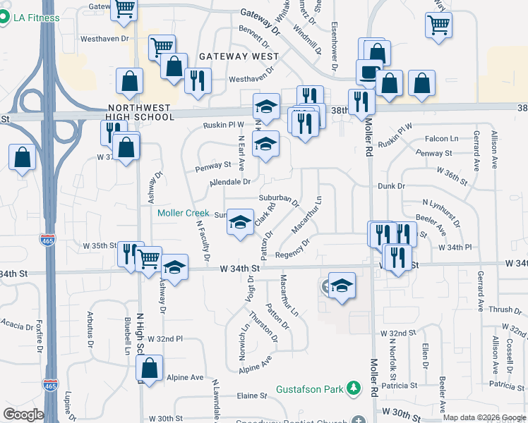 map of restaurants, bars, coffee shops, grocery stores, and more near 3537 Clark Road in Indianapolis