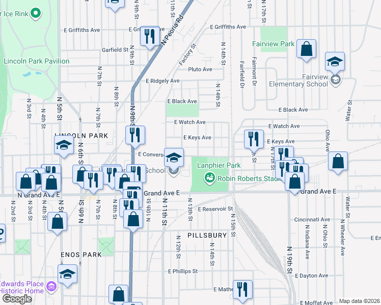 map of restaurants, bars, coffee shops, grocery stores, and more near 1201-1299 East Converse Street in Springfield