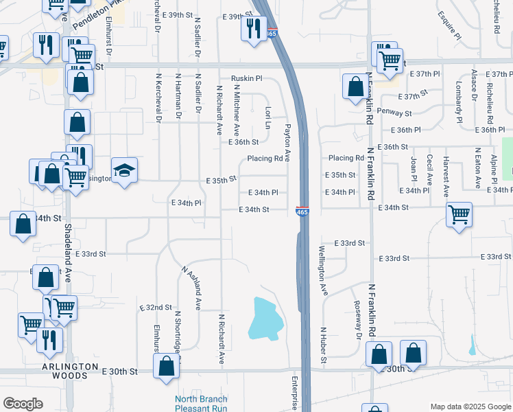 map of restaurants, bars, coffee shops, grocery stores, and more near 7602 East 34th Street in Indianapolis