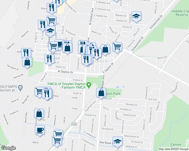 map of restaurants, bars, coffee shops, grocery stores, and more near 102 East Dayton Drive in Fairborn