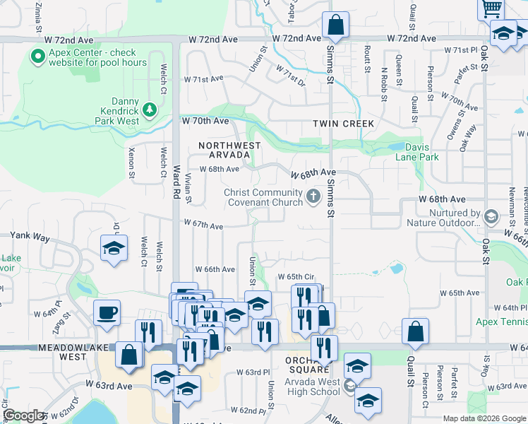 map of restaurants, bars, coffee shops, grocery stores, and more near 6738 Taft Court in Arvada