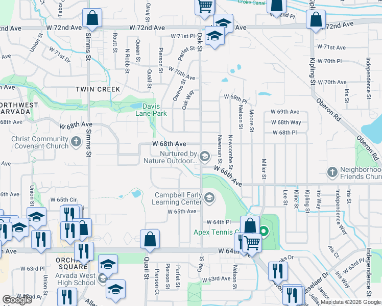 map of restaurants, bars, coffee shops, grocery stores, and more near 10843 West 67th Place in Arvada