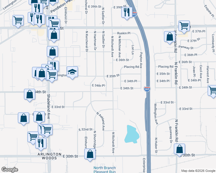 map of restaurants, bars, coffee shops, grocery stores, and more near 3417 North Sadlier Drive in Indianapolis