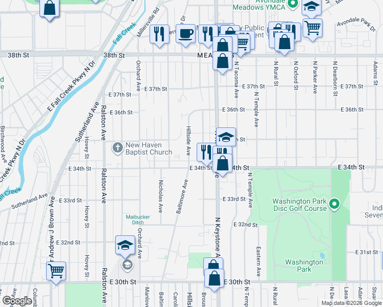 map of restaurants, bars, coffee shops, grocery stores, and more near 3421 Hillside Avenue in Indianapolis