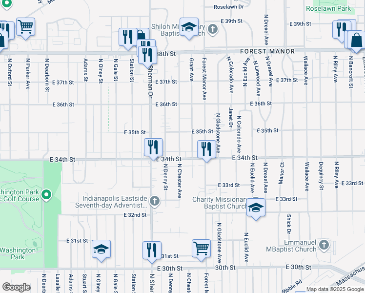 map of restaurants, bars, coffee shops, grocery stores, and more near 3425 North Chester Avenue in Indianapolis