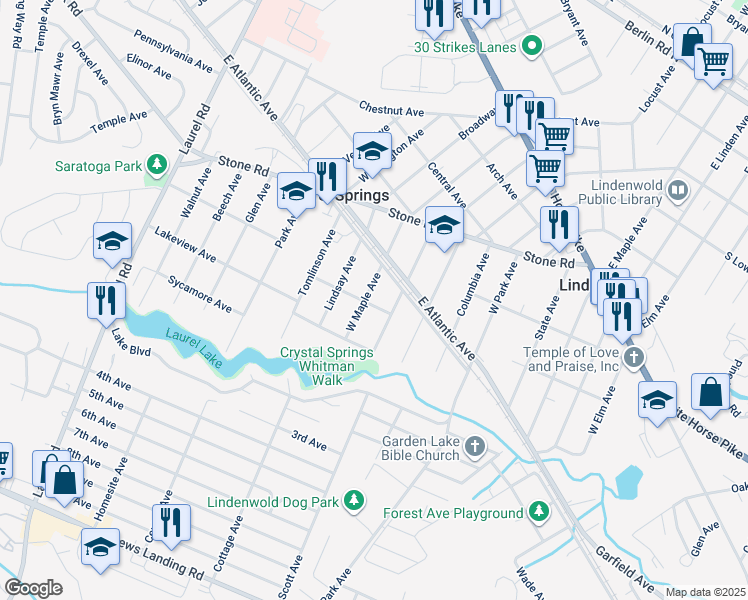map of restaurants, bars, coffee shops, grocery stores, and more near 427 West Maple Avenue in Laurel Springs