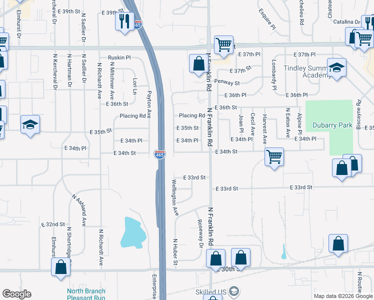 map of restaurants, bars, coffee shops, grocery stores, and more near 7902 East 34th Street in Indianapolis
