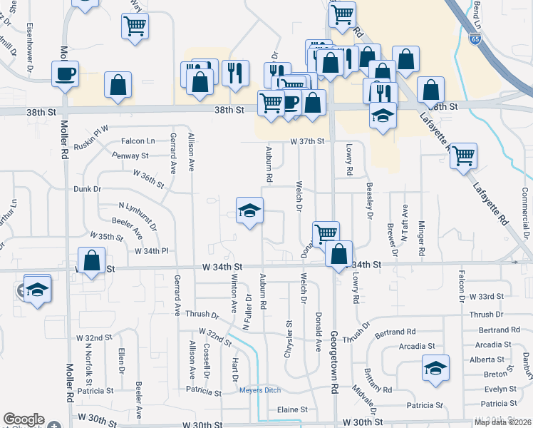 map of restaurants, bars, coffee shops, grocery stores, and more near 4937 Lagora Lane in Indianapolis