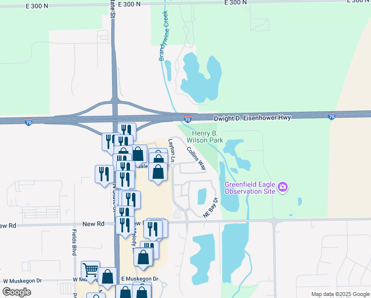 map of restaurants, bars, coffee shops, grocery stores, and more near 2352 Collins Way in Greenfield