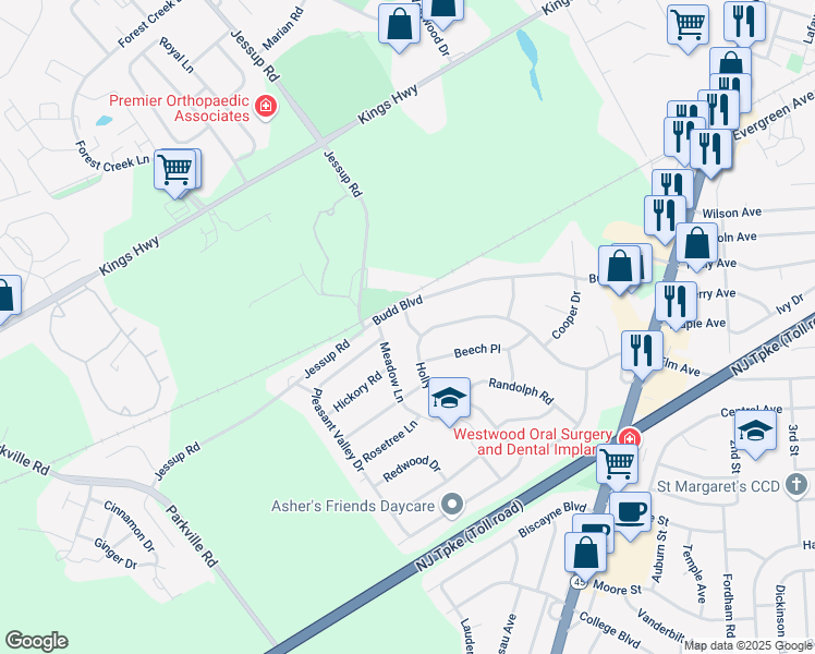 map of restaurants, bars, coffee shops, grocery stores, and more near 4 Oak Road in Woodbury