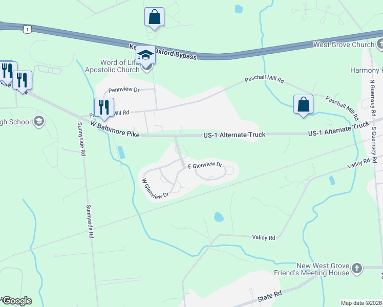 map of restaurants, bars, coffee shops, grocery stores, and more near 311 Deer Track Court in West Grove