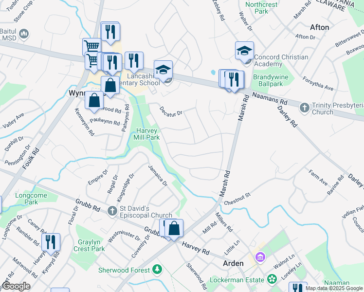 map of restaurants, bars, coffee shops, grocery stores, and more near 2228 Lancashire Drive in Wilmington