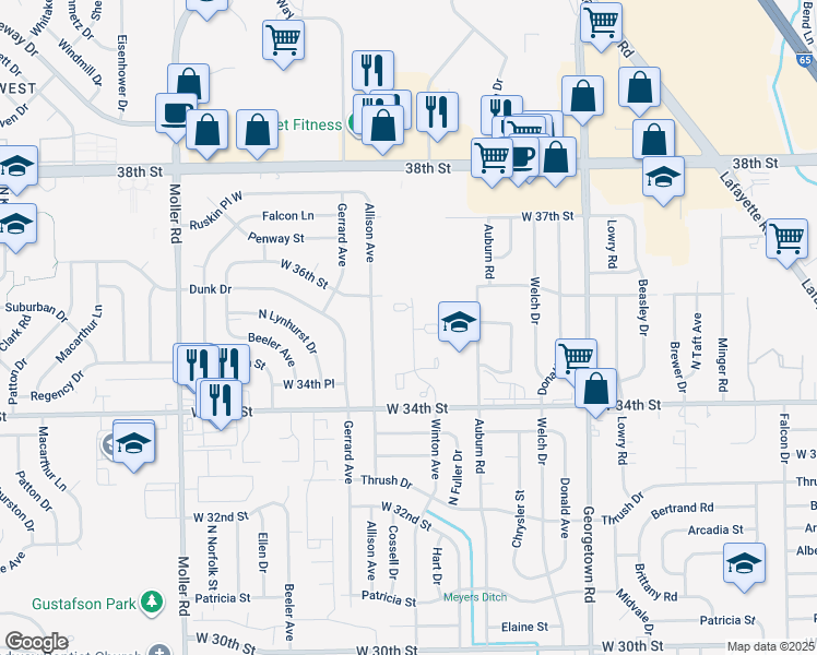 map of restaurants, bars, coffee shops, grocery stores, and more near 3522 Kebil Drive in Indianapolis