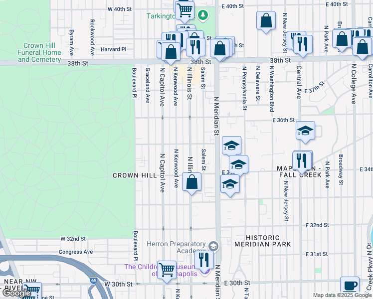 map of restaurants, bars, coffee shops, grocery stores, and more near 3472 North Illinois Street in Indianapolis
