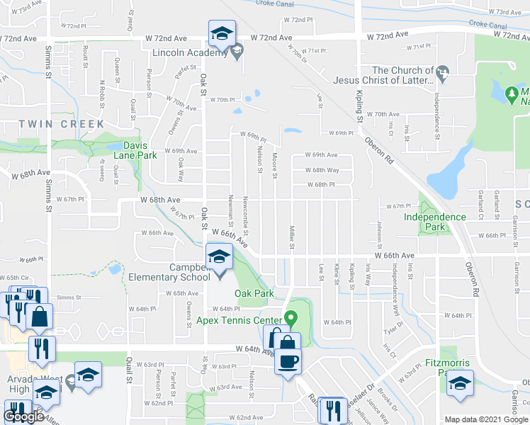 map of restaurants, bars, coffee shops, grocery stores, and more near 6764 Nelson Street in Arvada