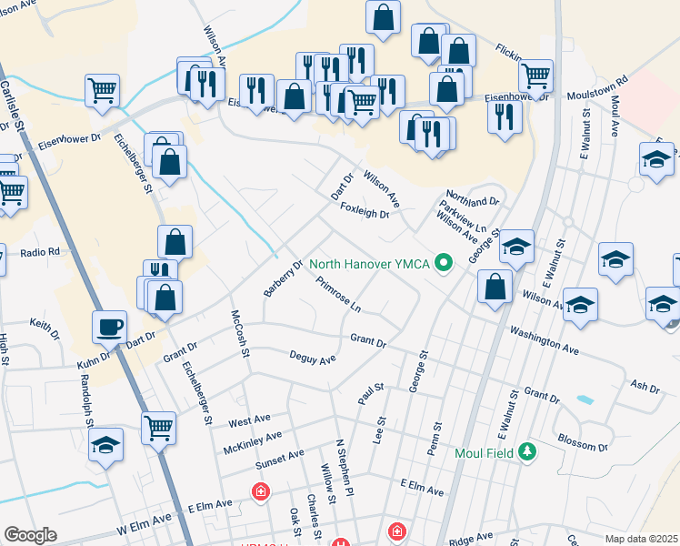 map of restaurants, bars, coffee shops, grocery stores, and more near 205 Honeysuckle Court in Hanover