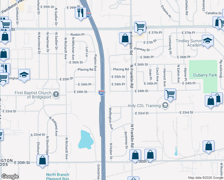 map of restaurants, bars, coffee shops, grocery stores, and more near 7902 East 34th Street in Indianapolis