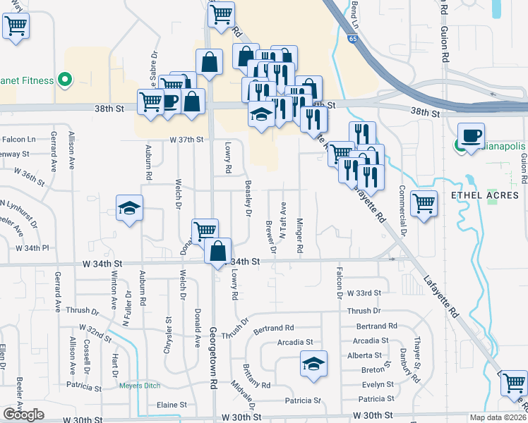 map of restaurants, bars, coffee shops, grocery stores, and more near 3526 Brewer Drive in Indianapolis