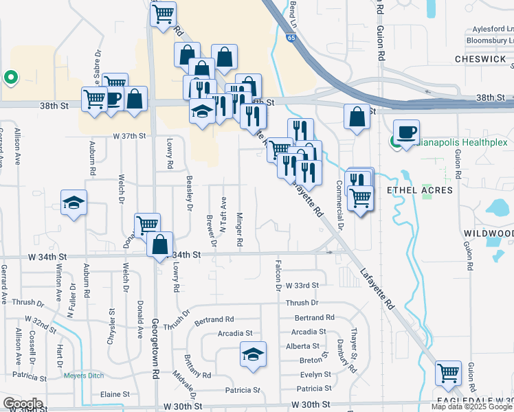 map of restaurants, bars, coffee shops, grocery stores, and more near 3515 North Rybolt Avenue in Indianapolis