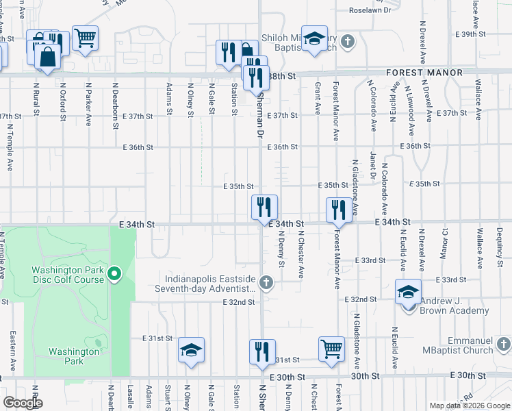 map of restaurants, bars, coffee shops, grocery stores, and more near 3426 North Sherman Drive in Indianapolis