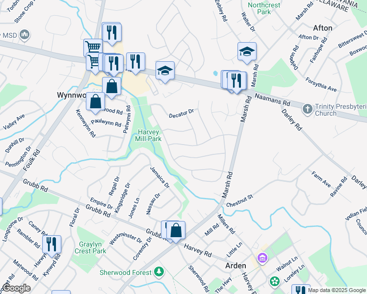map of restaurants, bars, coffee shops, grocery stores, and more near 2228 Lancashire Drive in Wilmington