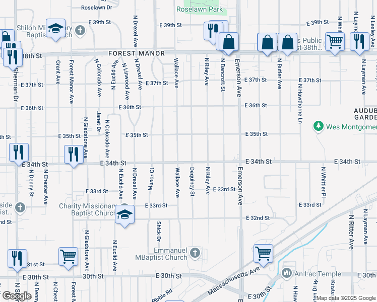 map of restaurants, bars, coffee shops, grocery stores, and more near 3418 Dequincy Street in Indianapolis