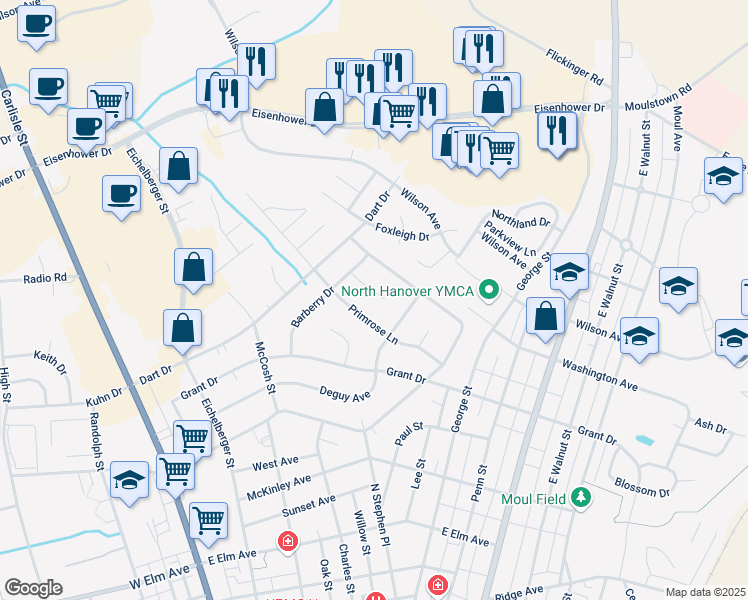 map of restaurants, bars, coffee shops, grocery stores, and more near 205 Honeysuckle Court in Hanover
