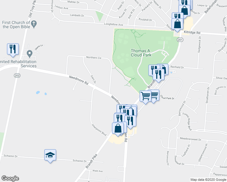 map of restaurants, bars, coffee shops, grocery stores, and more near 4719 Needmore Road in Dayton