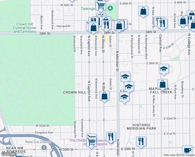 map of restaurants, bars, coffee shops, grocery stores, and more near 3463 North Kenwood Avenue in Indianapolis