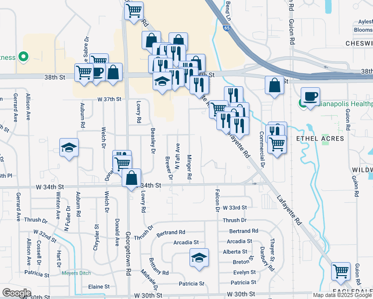 map of restaurants, bars, coffee shops, grocery stores, and more near 3520 Minger Road in Indianapolis