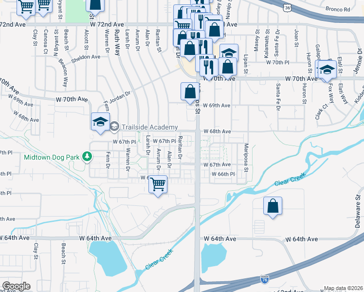 map of restaurants, bars, coffee shops, grocery stores, and more near 1724 West 67th Place in Denver