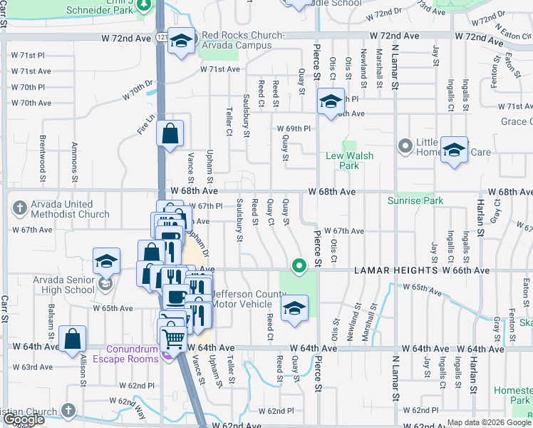 map of restaurants, bars, coffee shops, grocery stores, and more near 6741 Quay Court in Arvada