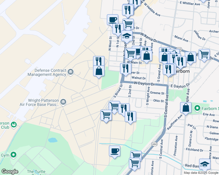 map of restaurants, bars, coffee shops, grocery stores, and more near Wright Avenue in Wright-Patterson Air Force Base