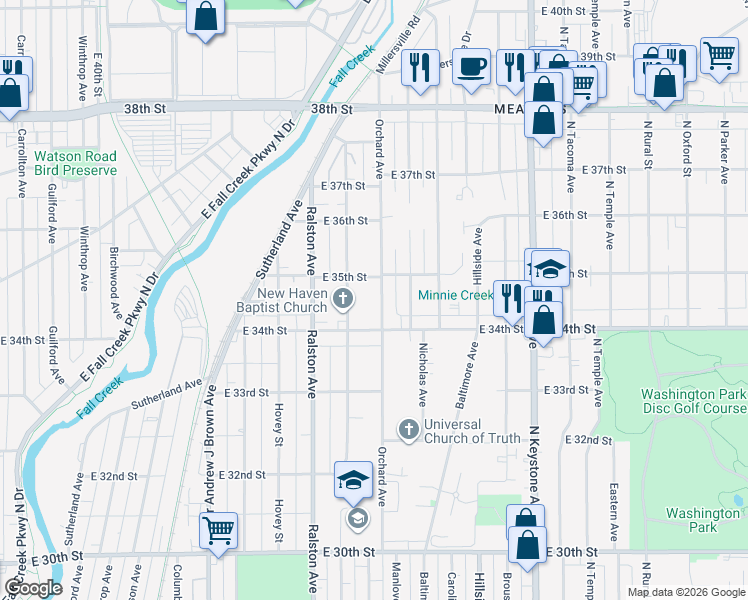 map of restaurants, bars, coffee shops, grocery stores, and more near 3434 Orchard Avenue in Indianapolis