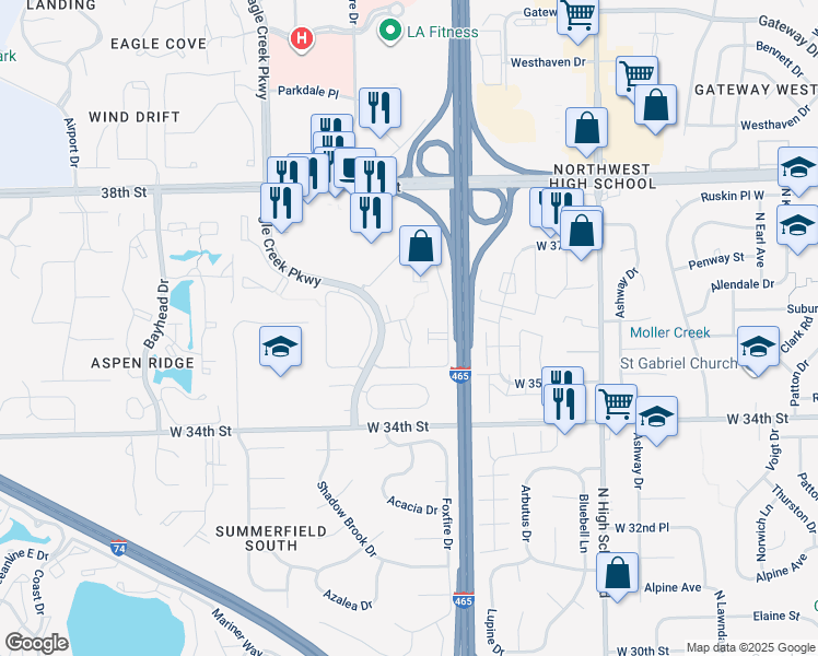 map of restaurants, bars, coffee shops, grocery stores, and more near 6710 North Hollow Run Circle in Indianapolis