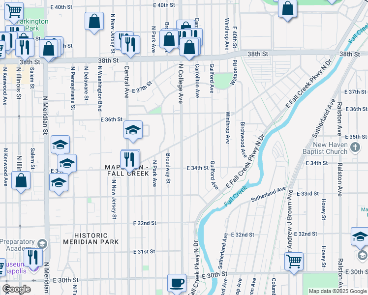 map of restaurants, bars, coffee shops, grocery stores, and more near 3449 North College Avenue in Indianapolis