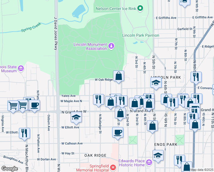 map of restaurants, bars, coffee shops, grocery stores, and more near 1341 Ledlie Avenue in Springfield