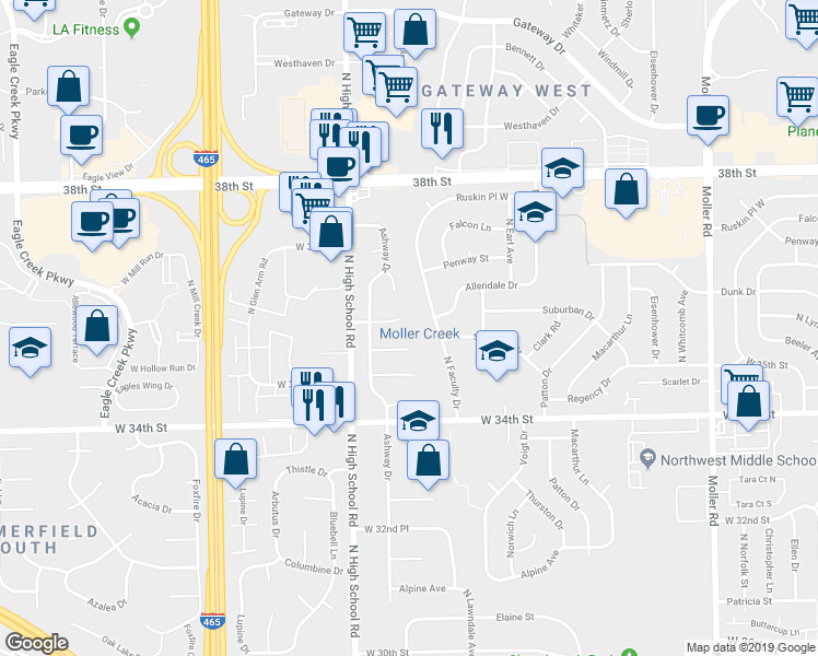 map of restaurants, bars, coffee shops, grocery stores, and more near 6113 Monarch Circle in Indianapolis