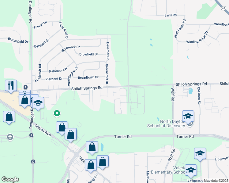 map of restaurants, bars, coffee shops, grocery stores, and more near 1443 Shagbark Court in Trotwood
