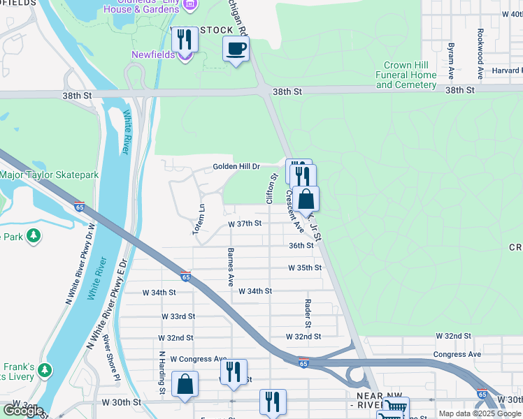 map of restaurants, bars, coffee shops, grocery stores, and more near 1111 Pomander Place in Indianapolis